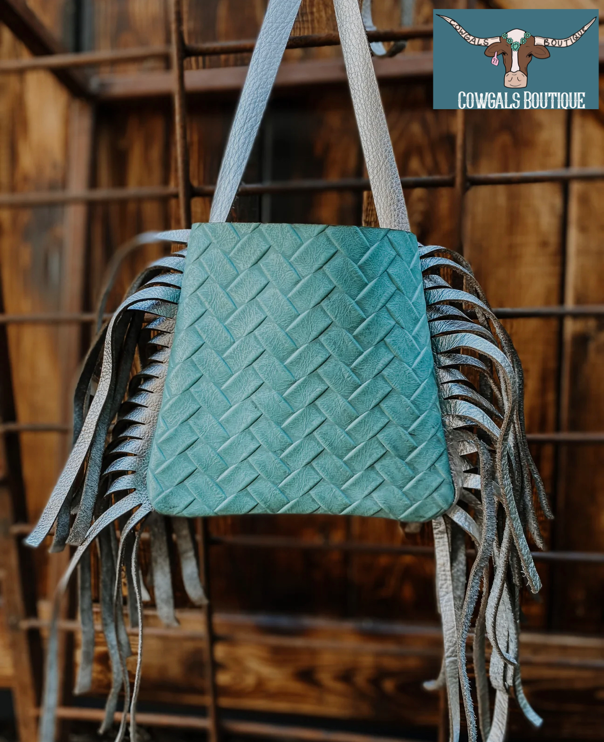 Double fringe 15x15 axis print cowhide purse